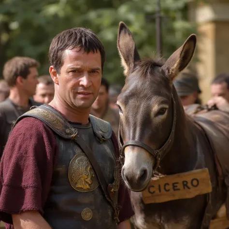 A upper body photography captures ,antonyrome. .He wears a very detailed high quality Roman military uniform. He looks directly at the viewer with a sly smile.
Next to him is a donkey, with a wooden sign hanging around his next with the text  "CICERO" writ...