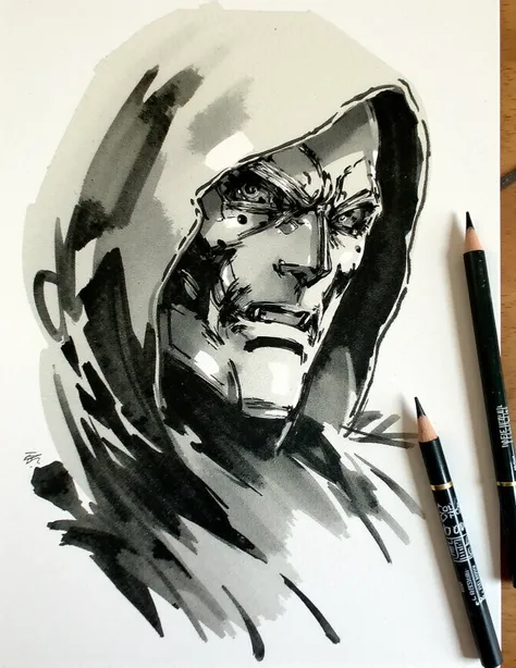 a sketch art Shinkawa Style realistic manga sketch portrait of Dr. Doom