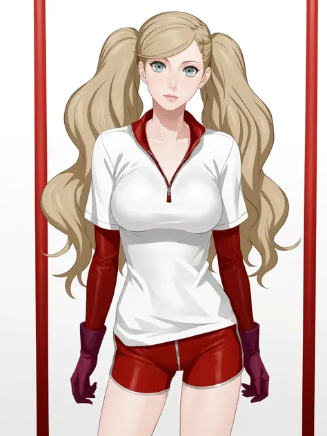 uncensored, score 9 up, score 8 up, ((solo focus, solo female)), 
<lora:[Cottage] pr3 (Persona 5) ArtistCG Style PonyXL:1>,hetero, long hair, twintails, large breasts, blonde hair, takamaki anne, red bodysuit,  1girl, shirt, shorts, standing, looking at vi...