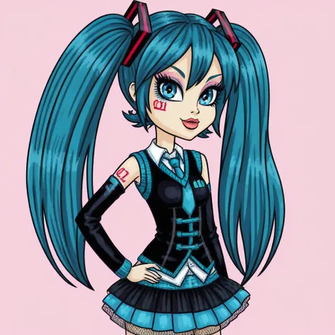 monster_high, 1girl, hatsune miku, blue hair, twintails, blue eyes, skirt, tie,