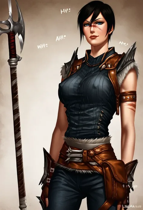 MarianHawke,1girl,solo,black hair,short hair,blue eyes,armor,shoulder armor,pauldrons,gloves,gauntlets,lips,belt,fur trim,weapon on back,hair between eyes,boots,knee boots,chainmail,breastplate,weapon,pelvic curtain,scar,tatoo,seductive pose,
score_9, scor...