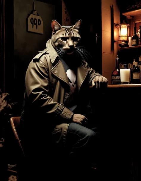 <lora:the-punisher-max-style-flux-000007:1> punishmax, a cat wearing a trenchcoat, is sitting on a bar stool, in a dark seedy bar, with a glass of milk in front of him,