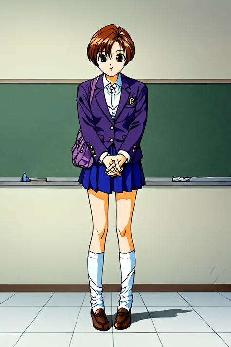 score 9, score 8 up, score 7 up, 1girl, flat chested, urarakasuga, 1girl, solo, looking at viewer, short hair, skirt, brown hair, long sleeves, school uniform, standing, jacket, full body, pleated skirt, shoes, socks, miniskirt, bag, black eyes, blue skirt...