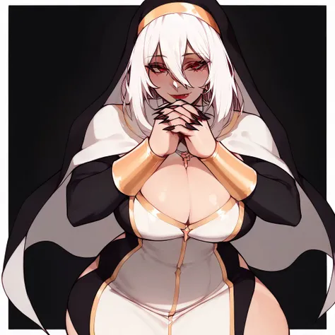 score_9, score_8_up, score_7_up, score_6_up, score_5_up, score_4_up,masterpiece, 
perfect face, perfect eyes, cross, hetero, white_bodysuit, huge_breasts, navel, habit, white hair, ass, thighs, 1girl, breasts, nun, rating:safe, red_eyes, black_nails, nail_...