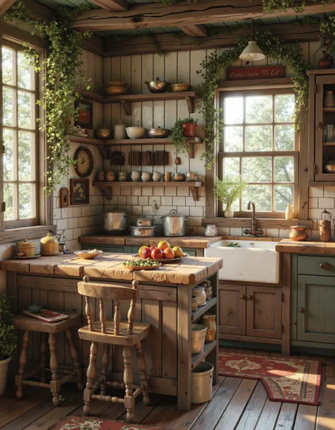 a stunning photograph of a cute scene, kitchen - rustic with open shelves, herbs hanging, and a farmhouse sink.. <lora:cottageco...