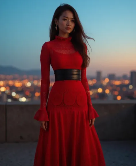 high resolution photo of  a beautiful asian woman . Stunning beautiful. intricate details. soft smile. She has a confident and relaxed pose. She is wearing a red ((maxidress)). she also has high heels. full body. full body. Her hair is partially blowing in...