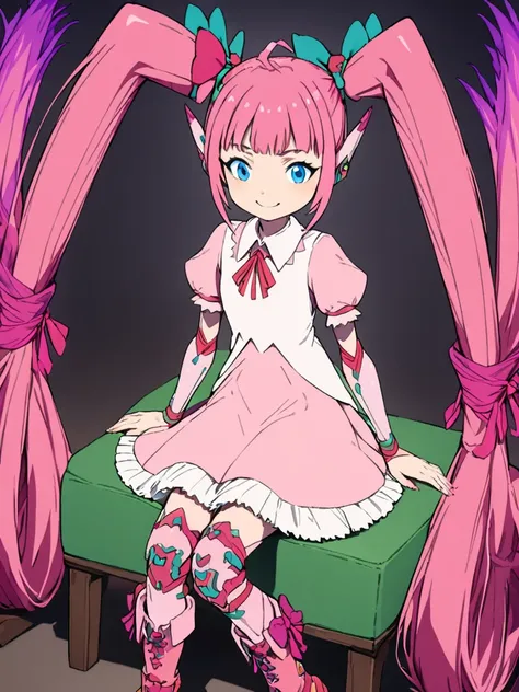 1girl,<lora:Gammamy_A_XL02:0.9>,gammamy,pink hair,twintails,long hair,pink dress,blue eyes,hair bow,boots,facing viewer,sitting,smile,, masterpiece,(best quality),highly detailed,ultra-detailed,