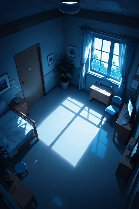 score_9, score_8_up, score_7_up, source_anime, rating_safe, night, dark, natural lighting, indoors-room focus, sex, no humans, intricately detailed illustration, Candihospiroom, from above, negative space, blue theme