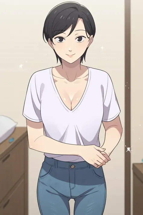 score_9, score_8_up, score_7_up, score_6_up, source_anime, rating_explicit, shiny skin,light particles,mature female, 1girl,solo,Narrow shoulders,slim body, open clothes, (cleavage:1.4), smiling, looking at viewer, small breast

short hair, bangs, shirt, b...