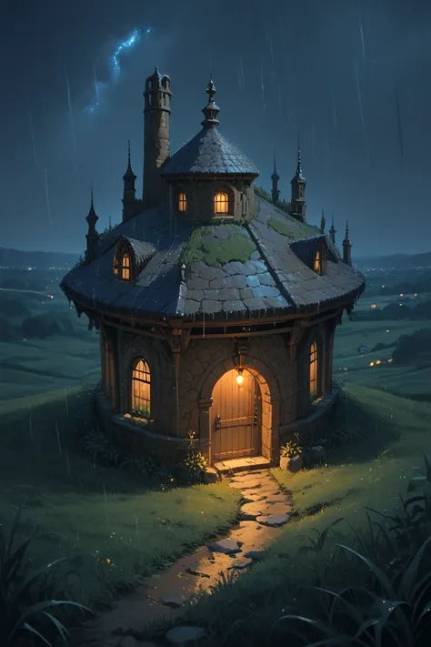 score_9, score_8_up, score_7_up, source_anime, rating_safe, night, natural lighting, raining, dirt-structure focus, dirt, round structure, grass, intricately detailed illustration, Dadirt, from above, scenery, fantasy, blue theme