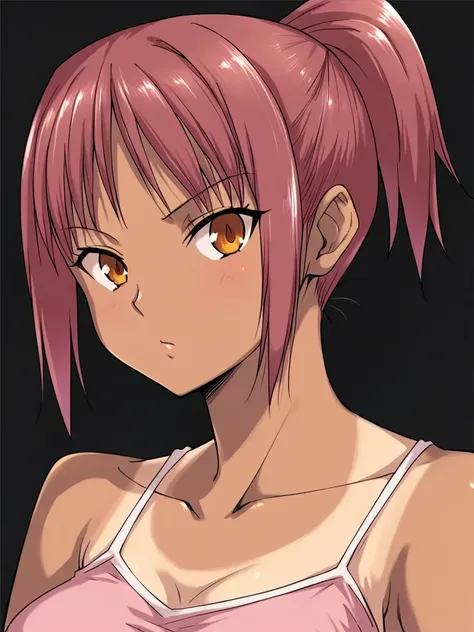 score_9, score_8_up, score_7_up, 
1girl, yuna pnk, red hair, ponytail, tan, one-piece tan, tanlnes, medium breasts, brown eyes,

pink camisole, black background, upper body, looking at viewer, frown, hand on hip,