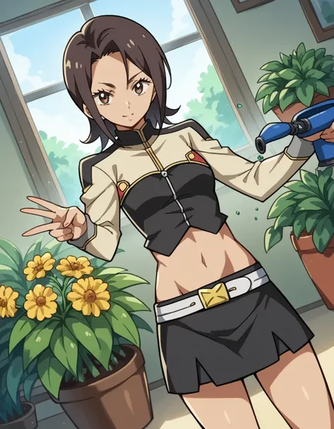 score_9, score_8_up, score_7_up, source_anime, <lora:aoi-miyasato-s1-ponyxl-lora-nochekaiser:1>, aoi miyasato, short hair, brown hair, black hair, brown eyes,, skirt, long sleeves, navel, midriff, belt, miniskirt, uniform, gardening, watering plants, backy...