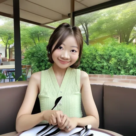 chestnut-brown hair that cascades over her shoulders. Her eyes are almond-shaped and wide open, a silver fork, upper body The image is a high-resolution photograph of a young Asian woman with a light skin tone, sitting in a stylish restaurant. She has long...