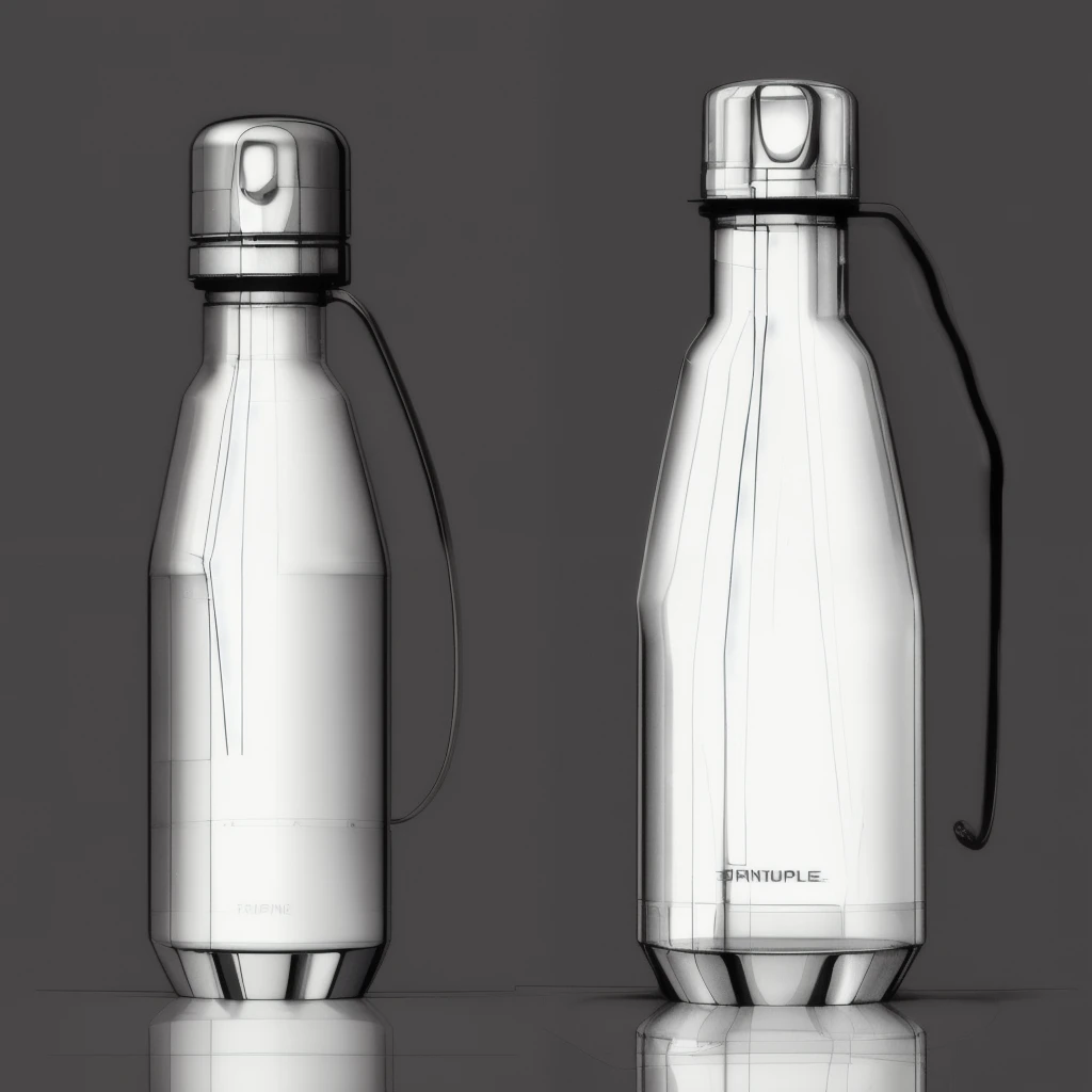 A dynamic industrial design sketch of a water bottle, captured with fluid, energetic pen strokes. The bottle features clean, ergonomic lines, with a slightly tapered body and a textured grip section. The cap is minimalist, with subtle grooves for easy hand...