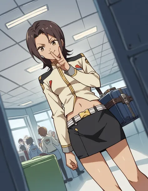 score_9, score_8_up, score_7_up, source_anime, <lora:aoi-miyasato-s1-ponyxl-lora-nochekaiser:1>, aoi miyasato, short hair, brown hair, black hair, brown eyes,, skirt, long sleeves, navel, midriff, belt, miniskirt, uniform, airport, waiting area, suitcase, ...