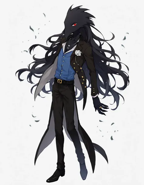 <lora:KaronPony:1>Karon, solo, male focus, red eyes, black skin, formal, long hair, white background, white rose, ring, jewelry, simple background, black pants, 1boy, beak, bird, pants, shoes, blue shirt, gloves, black hair, full body, black suit, black ja...