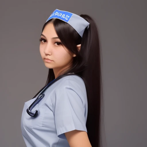 1girl, looking forward, black hair, long hair, brown eyes, detailed eyes, neutral expression, blue scrubs, nurse uniform, cowboy shot, medium breasts, hands behind back,