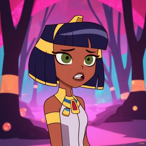 CleopatraInSpace,   The image is a digital drawing in a cartoon style, featuring a young Egyptian-inspired character standing in a fantastical, mystical forest setting. The character is a young woman with a medium-dark skin tone and striking, large green e...