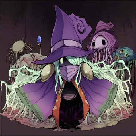 1boy, candy, hair over one eye, smile, bug, wizard hat, purple cape, no humans, horror (theme), letterboxed, 1other