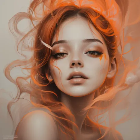 a digital painting of a woman with smoke coming out of her hair. looking at the camera, orange and white