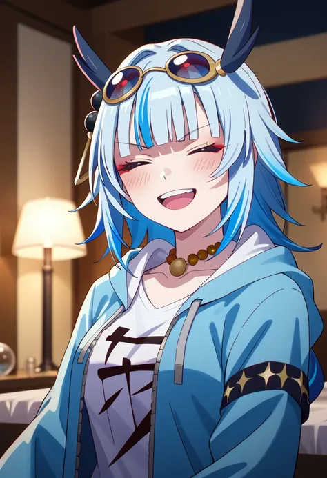 score_9,score_8_up,score_7_up,source_anime, OUROBOROS,1girl,solo,blush,smile,open mouth,jewelry,blue hair,jacket,collarbone,upper body,closed eyes,multicolored hair,:d,open clothes,teeth,virtual youtuber,hood,blunt bangs,necklace,streaked hair,v-shaped eye...