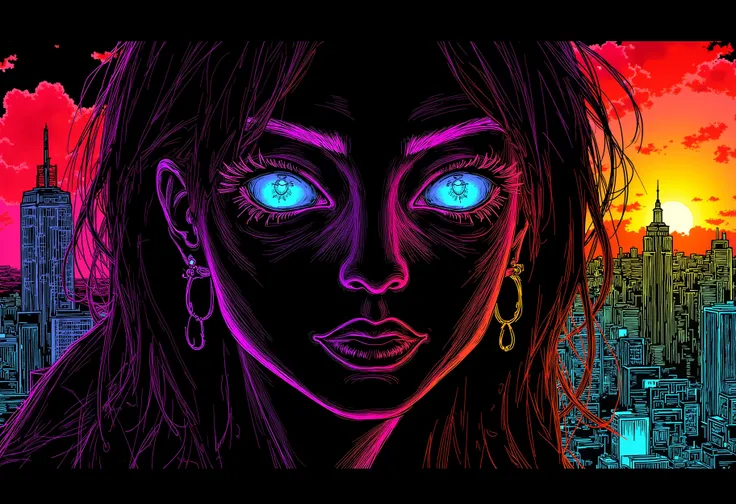 neon line art, drawing, black background,molly millions, closeup portrait of a young beautiful cyberpunk woman, mirror eye implants, black hair in a rough shag, sunset, neuromancer, street samurai, cyberpunk city background, megacity, gorgeous view, depth,...