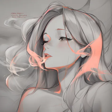 a drawing of a 30 year old woman with vibrant smoke coming out of her hair. 