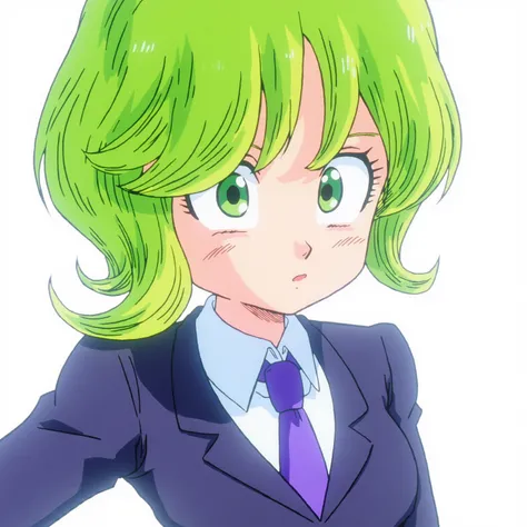 DragonBall_Z_style painting of a cute girl with short green hair, half-body portrait, business attire, detailed facial features, professional atmosphere, dynamic energy, vibrant colors, and a clean, focused background.