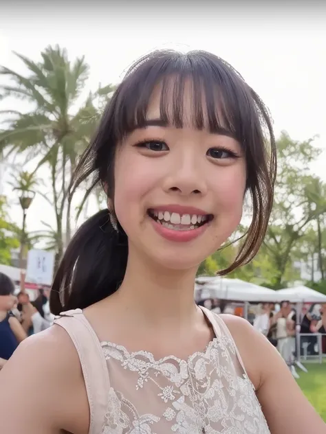 masterpiece, high quality, hd, cinematic lighting,  depth of field, hair details, (blurry), skin details,mole, blunt bangs,  brown eyes, long hair, ponytail:1.2, eyelashes, teeth, ((yukachan, 1girl, solo, realistic, smile)),  <lora:Yukachan:0.9>, (flat che...