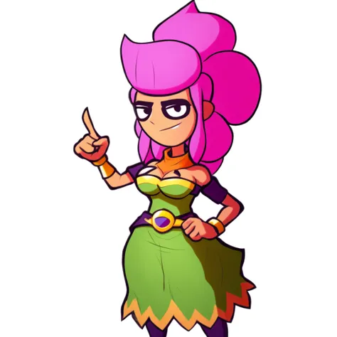 a cartoon image of a woman in a pink dress and green hair holding a green, very stylized character design, character artwork, supervillain sorceress witch, lola brawl stars, character art, game character art, stylized character design, character art, splas...