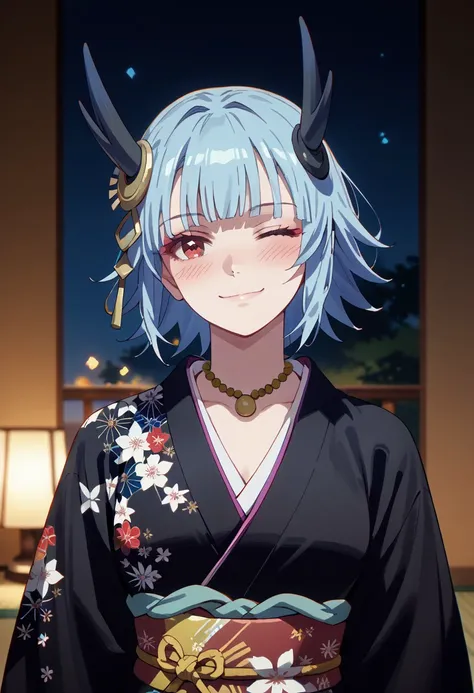 score_9,score_8_up,score_7_up,source_anime, OUROBOROS,1girl,solo,looking at viewer,blush,smile,closed mouth,jewelry,blue hair,upper body,one eye closed,japanese clothes,kimono,necklace,headgear,floral print,;),print kimono,black kimono,