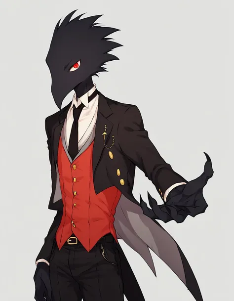 <lora:KaronPony:1> Karon, male focus, solo, black necktie, necktie, red eyes, furry male, furry, white background, jacket, belt, simple background, pants, vest, formal, 1boy, white shirt, beak, black pants, bird, looking at viewer, black jacket, red vest, ...