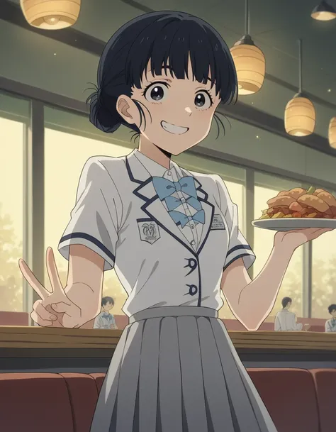 score_9, score_8_up, score_7_up, source_anime, <lora:tiara-basori-s1-ponyxl-lora-nochekaiser:1>, tiara basori, bangs, black hair, hair bun, black eyes, single hair bun,, skirt, shirt, bow, school uniform, white shirt, short sleeves, grey skirt, pleated ski...