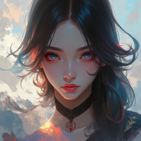 This image is a highly detailed digital painting of a young woman with a striking, almost ethereal appearance.