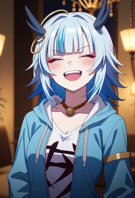 score_9,score_8_up,score_7_up,source_anime, OUROBOROS,1girl,solo,blush,smile,open mouth,jewelry,blue hair,jacket,collarbone,upper body,closed eyes,multicolored hair,:d,open clothes,teeth,virtual youtuber,hood,blunt bangs,necklace,streaked hair,v-shaped eye...