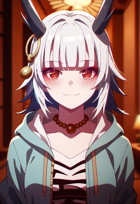 score_9,score_8_up,score_7_up,source_anime, OUROBOROS,1girl,solo,looking at viewer,blush,smile,animal ears,closed mouth,jewelry,jacket,collarbone,hood,blunt bangs,necklace,parody,portrait,meme,beads,chromatic aberration,bead necklace,