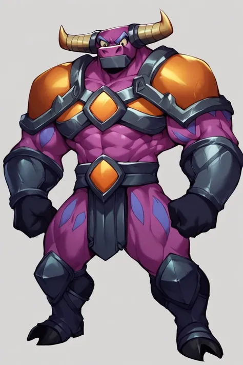 score_9, score_8_up,score_7_up, anime origin, demon bull king, Purple fur, Iron jaw, armor, In good physical shape, full body,Standing facing viewer,front view