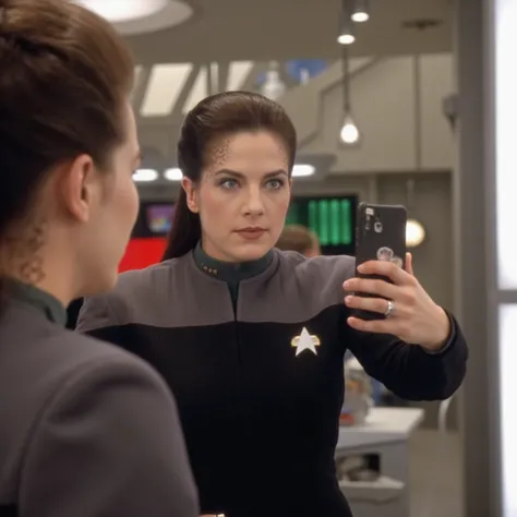 photo realistic, JadziaDax woman, wearing grey star trek uniform with star trek badge, taking a selfie in front of mirror, full shot, full body  <lora:JadziaDax_Flux_v1:1.3> <lora:flux_realism_lora:1> <lora:Mirror_Selfie_Sideview:.7>