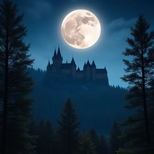 a full moon in the forest of a castle background