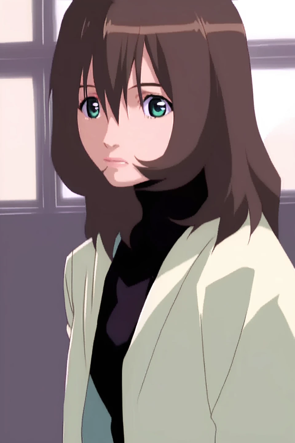 <lora:NatsukawaMachiko_pony_v1:1>,an image of natsukawamachiko,natsukawamachiko with long brown hair and green eyes looks away from the camera while standing in front of a window,1girl,solo,brown hair,green eyes,general,anime,score_9,score_6_up,score_7_up,