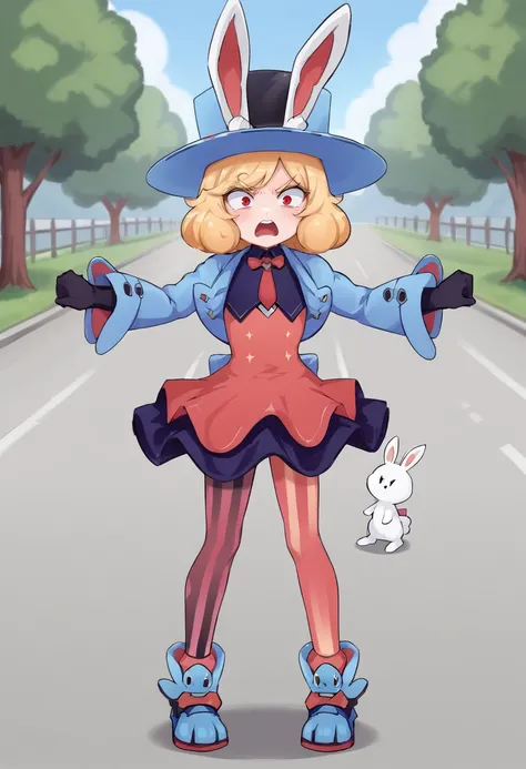 <lora:Finii:1> , 1girl, finii, blonde hair, red eyes, rabbit ears, blue jacket, dress, upper teeth only, blue headwear, short hair, long sleeves, gloves, black gloves, animal ears, hat, pantyhose, striped pantyhose, blue footwear, full body, frustrated, ou...