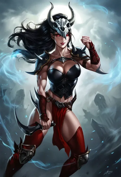 BloodRaven,1girl,solo,armor,horns,helmet,skull,skull helmet,large breast,weapon,bow (weapon),cleavage,red eyes,shoulder armor,colored skin,thighhighs,boots,long hair,black hair,pelvic curtain,breastplate,glowing eyes,shoulder spikes,horned helmet,fighting ...