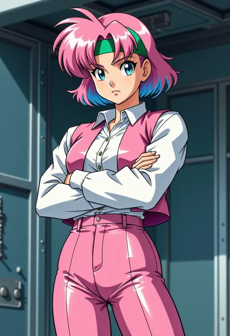 anime illustration, cell shaded, a woman in her thrities with very short pink and blue multicolored hair and a green headband wearing a white long sleeve shirt,pink pants, and pink vest. She has crossed arms and is scowling, standing in a metal command cen...