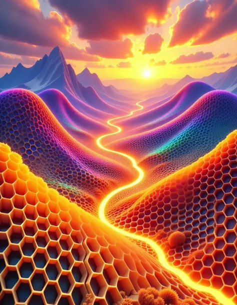 <lora:Flux_-_Honeycomb_Style:1> A surreal flx-hyc landscape entirely made out of honeycomb structures, with rolling hills, towering mountains, and flowing rivers, all composed of intricate hexagonal honeycomb patterns. The scene is bathed in vibrant, satis...