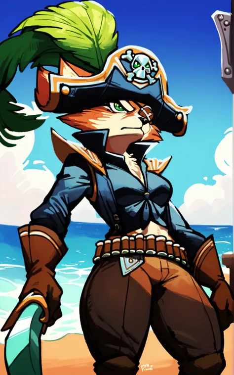 score_9, score_8_up, score_7_up,((best quality)), absurdres, <lora:BolivanteStyle:0.8>,   <lora:CaEuPXL:0.8>,CaEuPXL,furry female, furry, eyepatch, hat, brown gloves, pirate hat, pirate,solo, breasts,long sleeves,green eyes, belt, pants, brown pants, hat f...