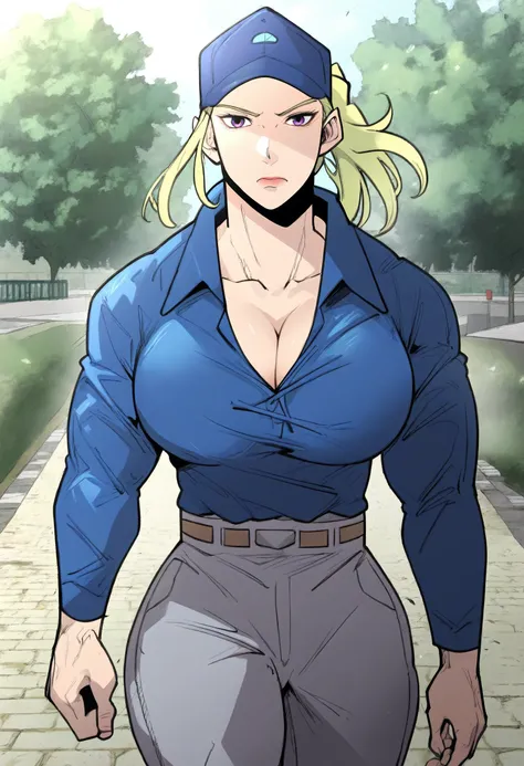 score_9, score_8_up, score_7_up, score_6_up, source_anime, rating_explicit, 1girl, (solo:1.1), huge breasts, <lora:ST.Pearl prefectPonyxl:0.9> blonde hair, purple eyes, long hair, ponytail, muscular female, baseball cap, blue headwear, blue shirt, collared...