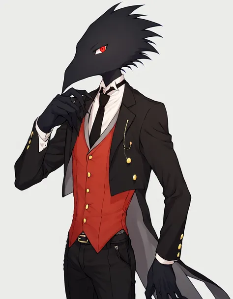 <lora:KaronPony:1> Karon, male focus, solo, black necktie, necktie, red eyes, furry male, furry, white background, jacket, belt, simple background, pants, vest, formal, 1boy, white shirt, beak, black pants, bird, looking at viewer, black jacket, red vest, ...