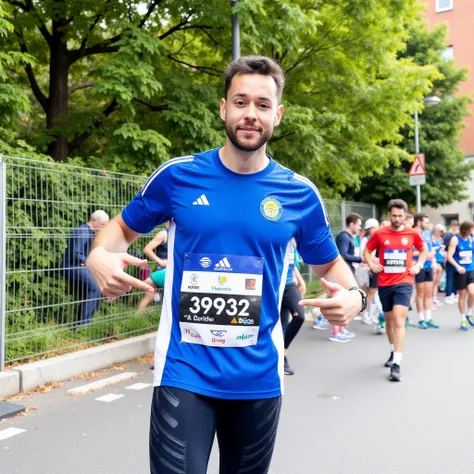 Th3gr3fg This is a photograph taken outdoors, likely at a marathon or race event. The central subject is a man standing on a paved street. He is wearing a blue athletic shirt with white stripes on the sleeves and the number 39932 with Zurich and The Grefg ...