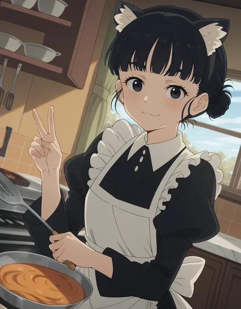 score_9, score_8_up, score_7_up, source_anime, <lora:tiara-basori-s1-ponyxl-lora-nochekaiser:1>, tiara basori, bangs, black hair, hair bun, black eyes, single hair bun,, skirt, long sleeves, animal ears, puffy sleeves, cat ears, apron, black dress, maid, f...