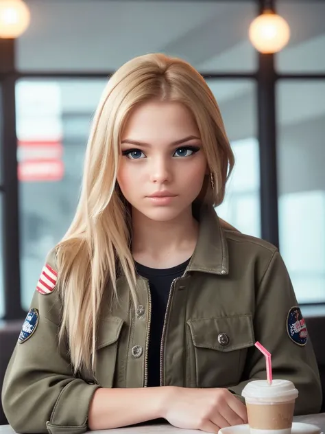 <lora:T4ti4naG_pdxl_v11:0.8>, T4ti4naG, 1girl, solo, blonde hair, long hair, makeup, lip gloss, eyeshadow, Cropped Military Cargo Jacket, cafe, masterpiece, best quality, highly detailed, score_9, score_8_up, score_8, semi-realistic, photorealistic, <lora:...